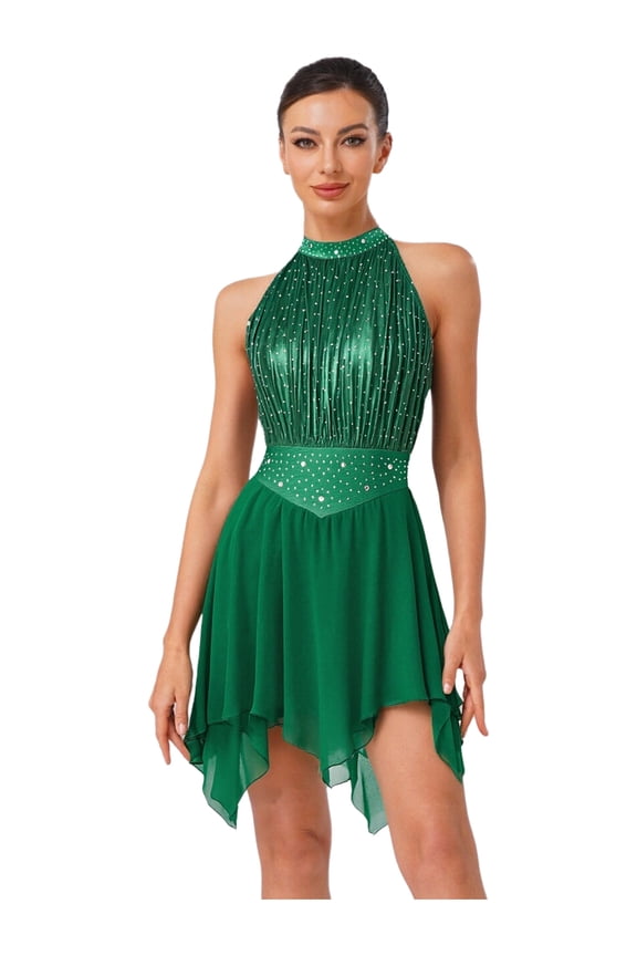 Women Lyrical Dance Dress Sleeveless Modern Contemporary Dress Flowy Mesh Skirted Leotard Green S