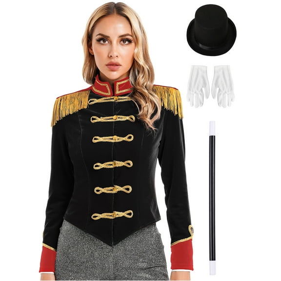 vastwit Women Magician Velvet Coat Circus Ringmaster Outfits with Hat Gloves Wand Set 4pcs Black XXL