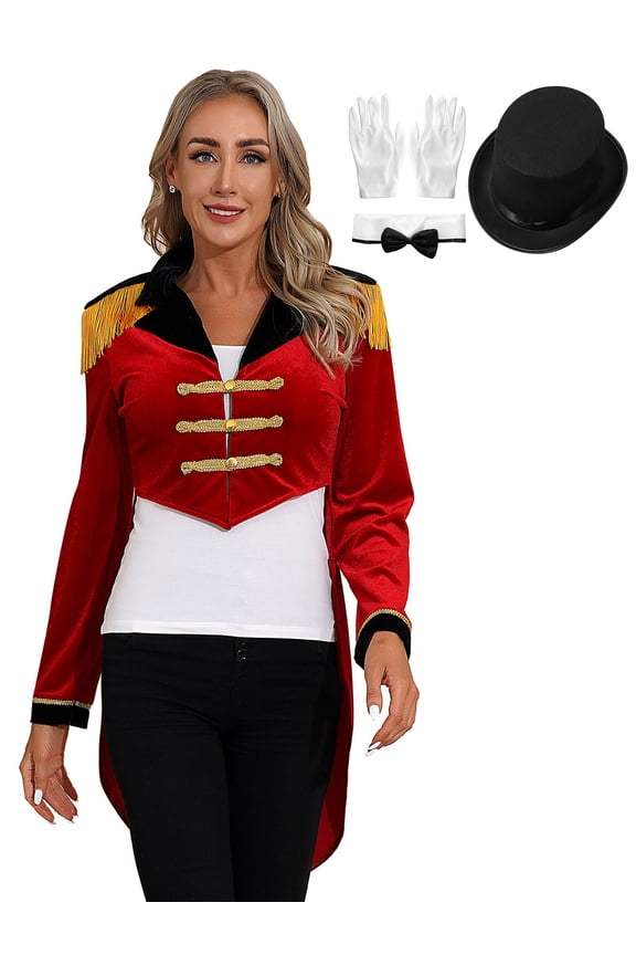 Women Medieval Circus Ringmaster Outfit Magician Jacket Lion Tamer Tuxedo Tailcoat Red B L