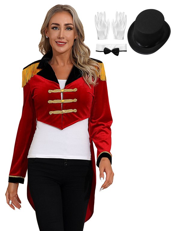 Women Medieval Circus Ringmaster Outfit Magician Jacket Lion Tamer Tuxedo Tailcoat Red B S