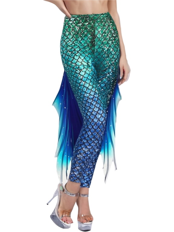Women Mermaid Leggings Fish Scale Print Fitness Trousers High Waist Yoga Pants Green&Blue XL