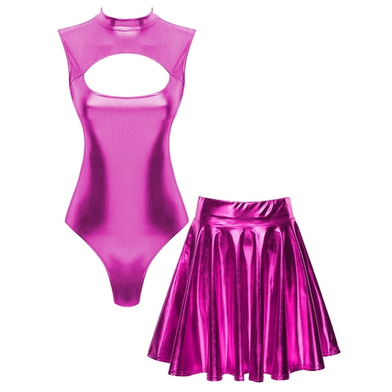 vastwit Women Rave Outfit Sets 2 Pcs Holographic Bodysuits with Mini Skater Skirt Hot Pink M