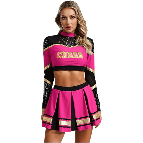 vastwit Women Schoolgirl Cheerleading Team Uniform Long Sleeve Crop Tops with Pleated Skirt Hot Pink L