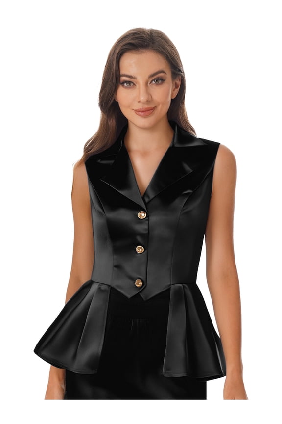 Women Solid Color Waistcoat Waterfall Ruffled Dressy Vest Sleeveless V-Neck Buttons Blazer Suits Jacket Black XXL