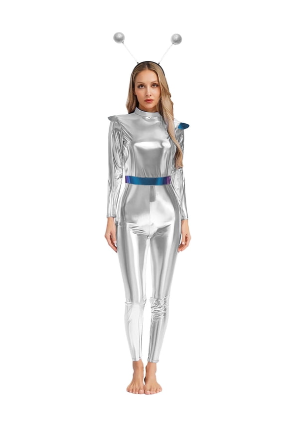 Women Space Alien Outfit Outerspace Cadet Robot Metallic Jumpsuit with Antenna Headband Silver S