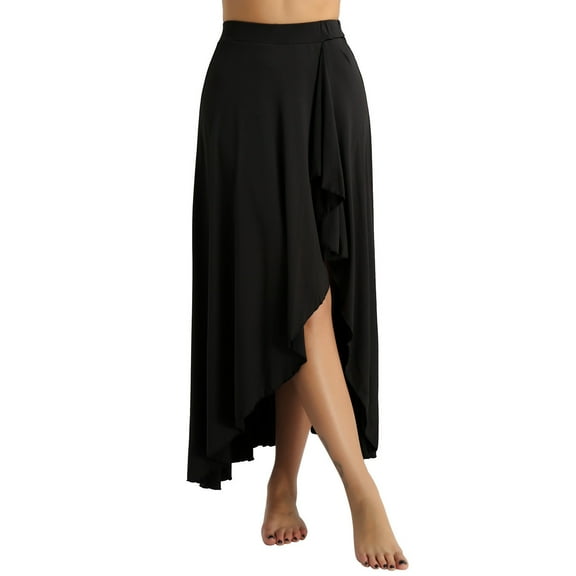 vastwit Women's Asymmetric Belly Dance Skirt High Low Ruffle Maxi Skirts Dance Costume Black M