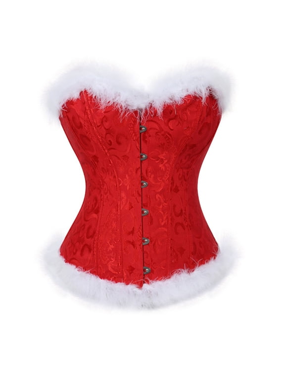 Women's Christmas Corset Tops Lace Up Boned Overbust Bustier Bodyshaper Top Red C M