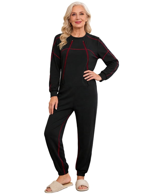 Women's Easy Care Dementia Alzheimer Adaptive Jumpsuit Front Double-zip Long Legs Anti-Strip Jumpsuits Black L