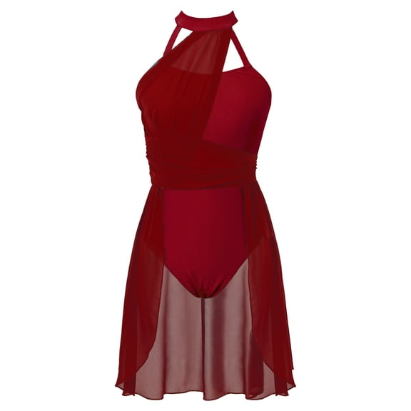 vastwit Women's Girls Sleeveless Ruched Chiffon Lyrical Dance Costume Contemporary Ballet Dance Dress Burgundy L