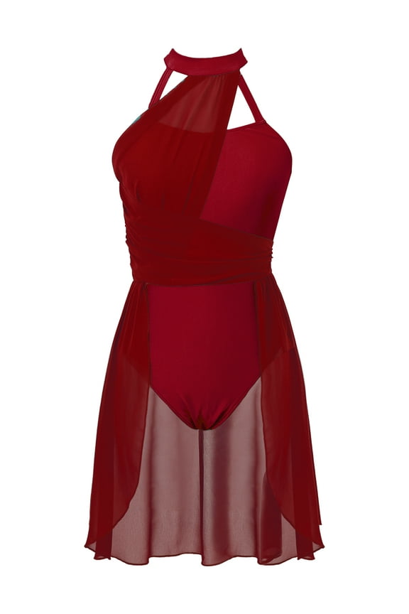 Women's Girls Sleeveless Ruched Chiffon Lyrical Dance Costume Contemporary Ballet Dance Dress Burgundy M