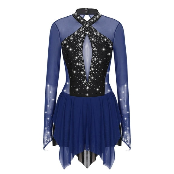 vastwit Women's Gymnastic Leotard Layered Keyhole Figure Ice Skating Roller Skating Dance Costume Navy Blue L