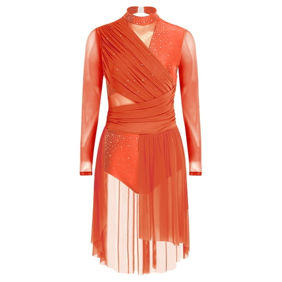 vastwit Women's Lyrical Dance Dress Long Sleeve Backless Skirted Leotard Ballet Modern Contemporary Dancewear Orange S