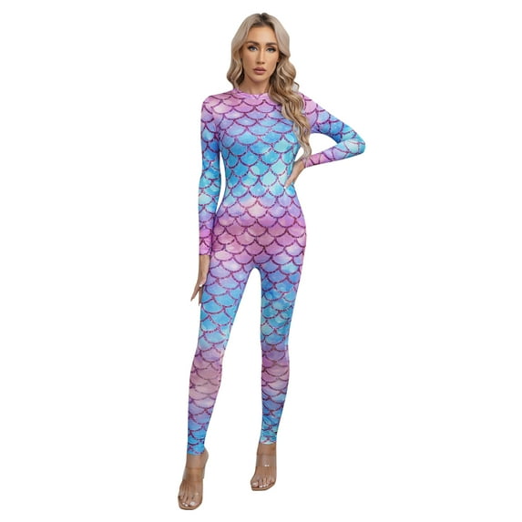 vastwit Women's Mermaid Jumpsuit Fish Scale Print Long Sleeve Bodycon Bodysuit Swimsuit Type G S