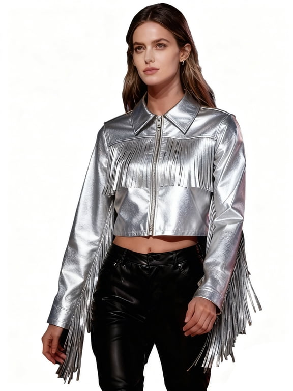 Women's Metallic Fringe Jacket Glitter Tassels Outerwear Coat Zip up Crop Top Disco Cowgirl Outfit Silver L