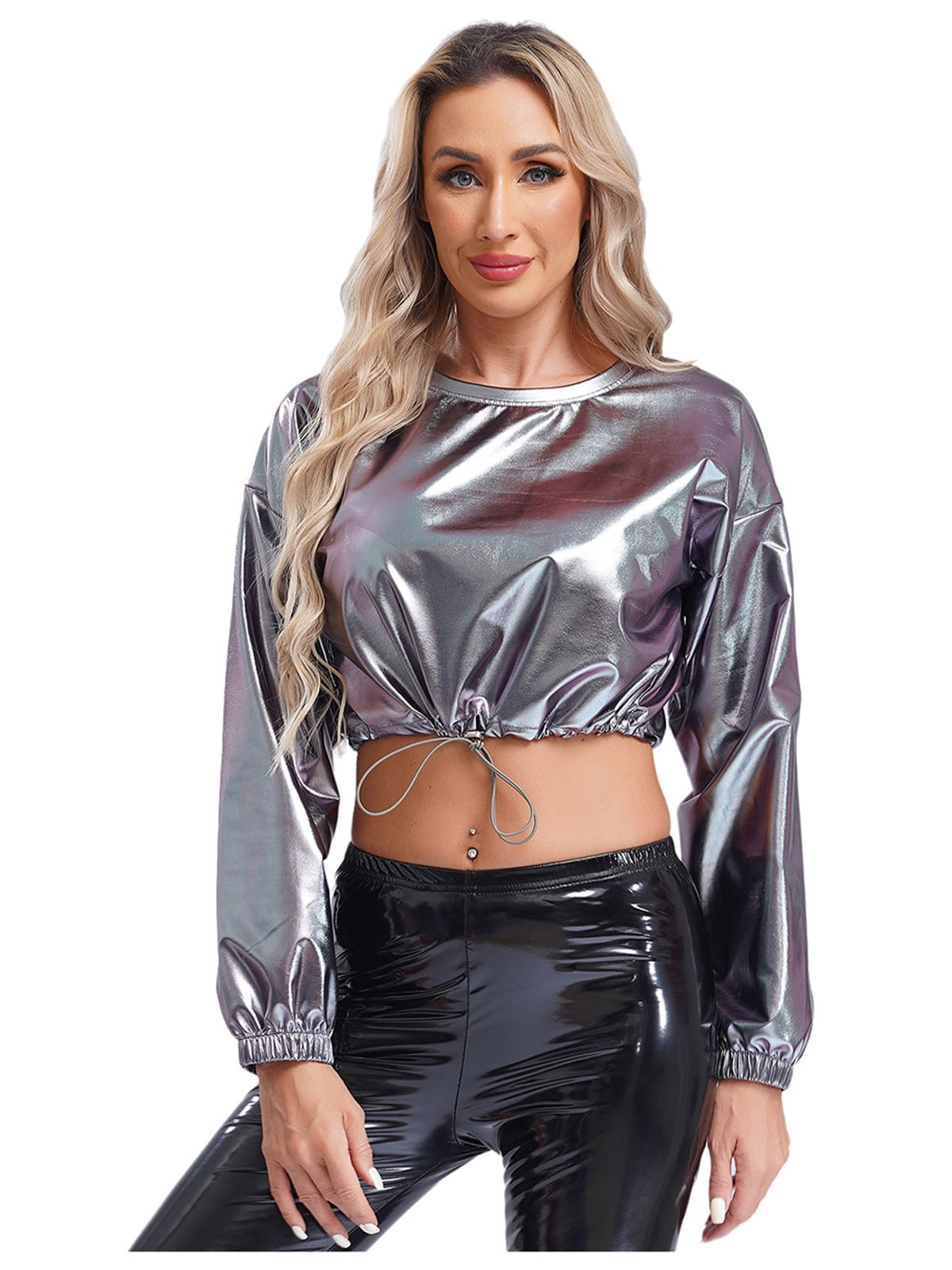 vastwit Women's Metallic Long Sleeve Shirt Drawstring Crop Top