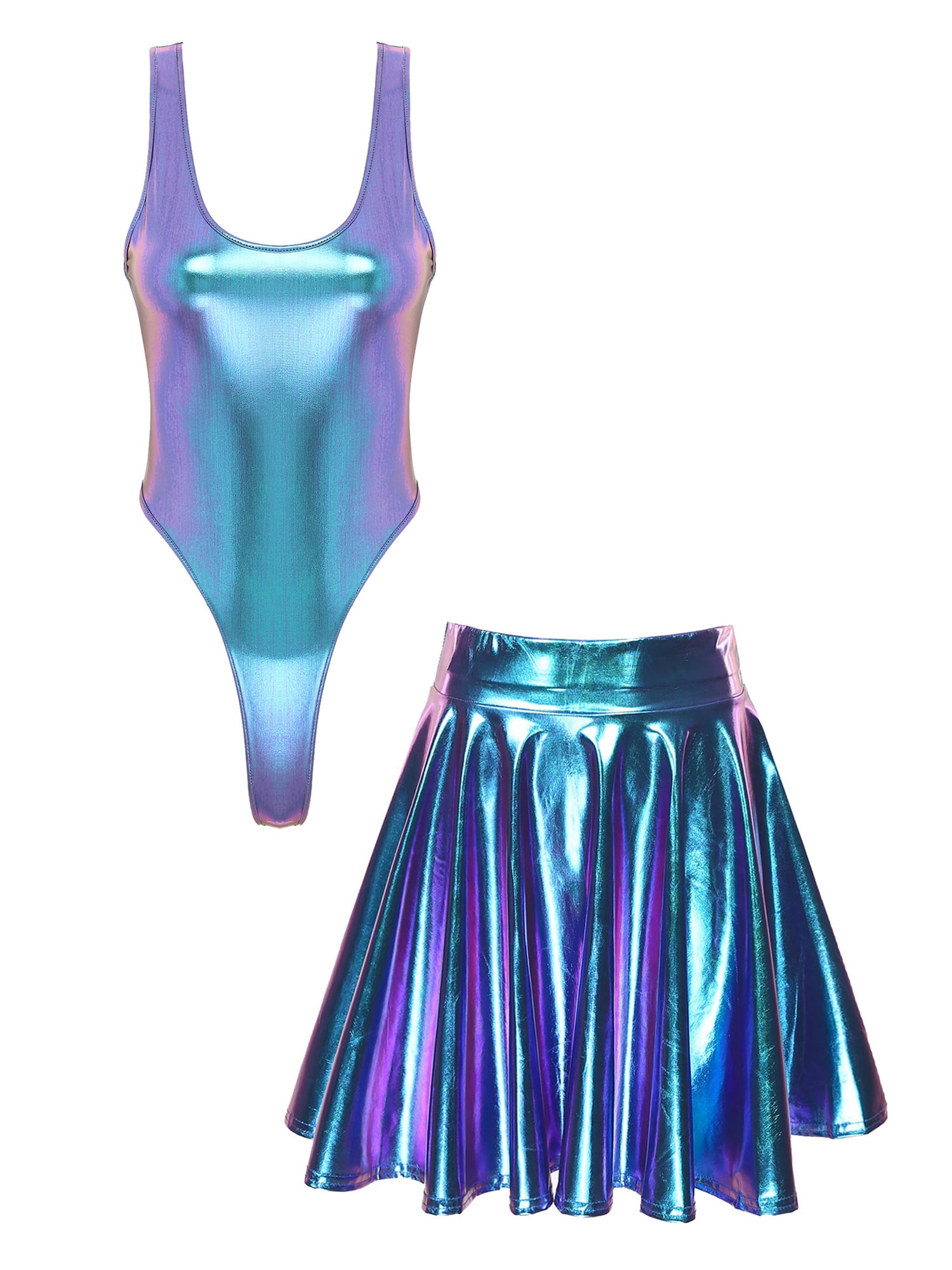 vastwit Women's Metallic Shiny Rave Outfits Sleeveless Dance Leotard ...