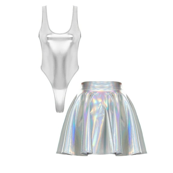 vastwit Women's Metallic Shiny Rave Outfits Sleeveless Dance Leotard with Pleated Skirt Silver L