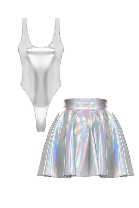 Women's Metallic Shiny Rave Outfits Sleeveless Dance Leotard with Pleated Skirt Silver M