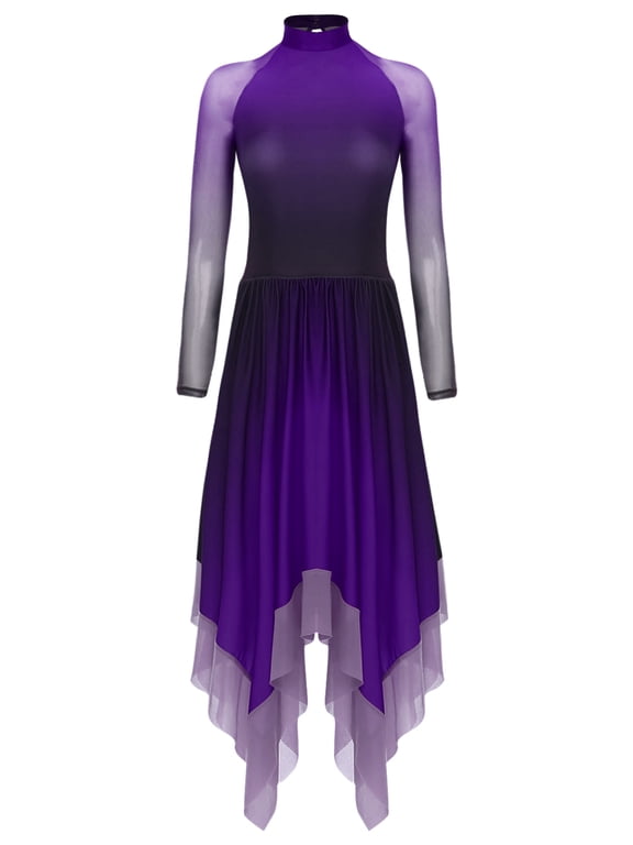 Women's Praise Dance Dress Long Sleeve Gradient Color Flowy Swing Asymmetrical Tunic Dancewear Purple S