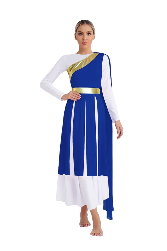Women's Praise Dance Dress One Shoulder Draped Lyrical Worship Overlay Tunics Toga Party Gowns Royal Blue M