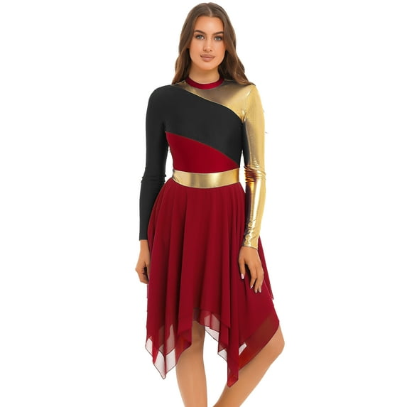 vastwit Women's Praise Liturgical Dance Dress Long Sleeve Gold Worship Color Block Chiffon Dancewear Burgundy S