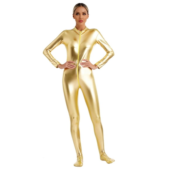 vastwit Women's Shiny Metallic Full Bodysuit Front Zipper Jumpsuit Gymnastics Dancewear Gold M