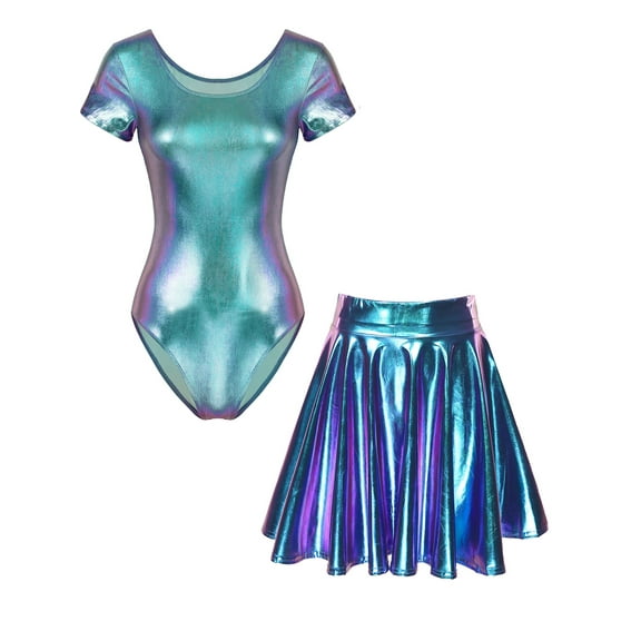 vastwit Women's Shiny Metallic Gymnastics Dance Leotard with Flared Mini Skirt Blue S