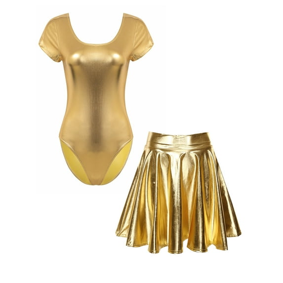 vastwit Women's Shiny Metallic Gymnastics Dance Leotard with Flared Mini Skirt Gold L