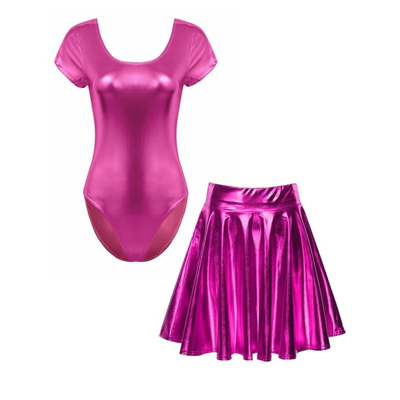 vastwit Women's Shiny Metallic Gymnastics Dance Leotard with Flared Mini Skirt Hot Pink M