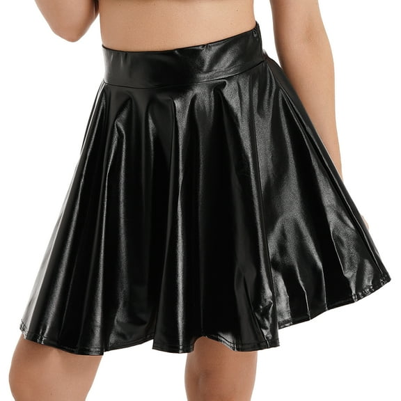 vastwit Women's Shiny Metallic High Waist Flared Skirt Pleated Skater Skirt Rave Clubwear Black L