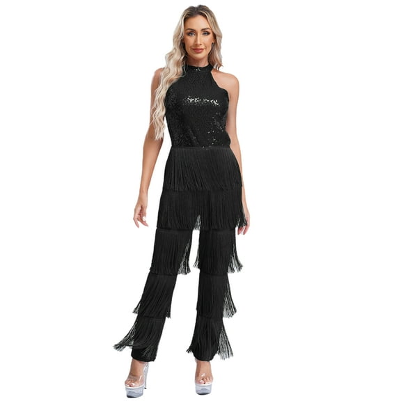 vastwit Women's Shiny Sequins Fringe Jumpsuit Halter Latin Salsa Rumba Rompers Black M