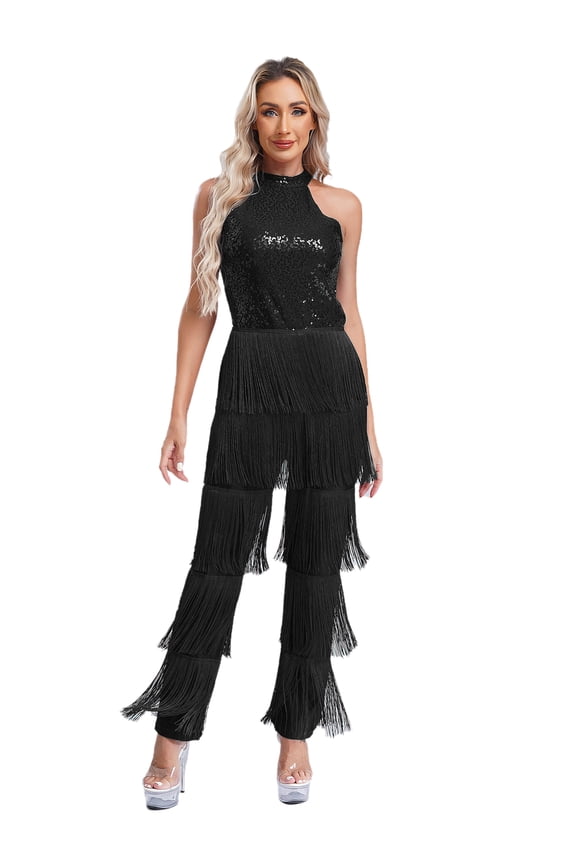 Women's Shiny Sequins Fringe Jumpsuit Halter Latin Salsa Rumba Rompers Black S