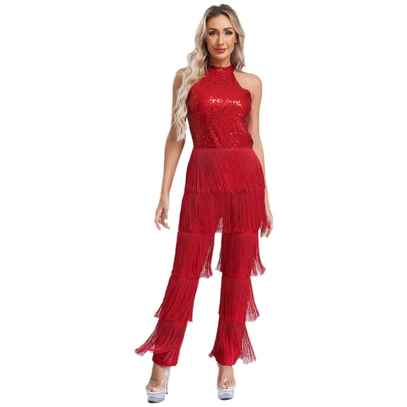 vastwit Women's Shiny Sequins Fringe Jumpsuit Halter Latin Salsa Rumba Rompers Burgundy XXL