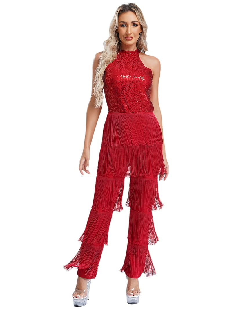 vastwit Women's Shiny Sequins Fringe Jumpsuit Halter Latin Salsa
