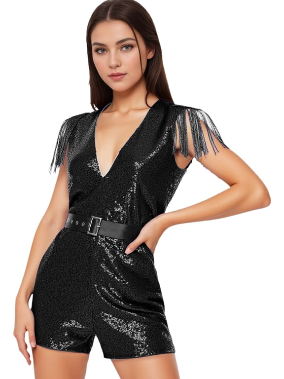 Women's Sleeveless Deep V Neck Sequin Romper Club Party Dance Jumpsuit One Piece Disco Outfit Black S