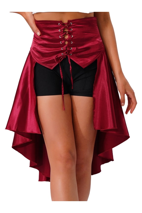 Women's Steampunk Corset Waist Belt Retro Victorian Ruffles High-low Gothic Skirt Pirate Fancy Dress Red XXL