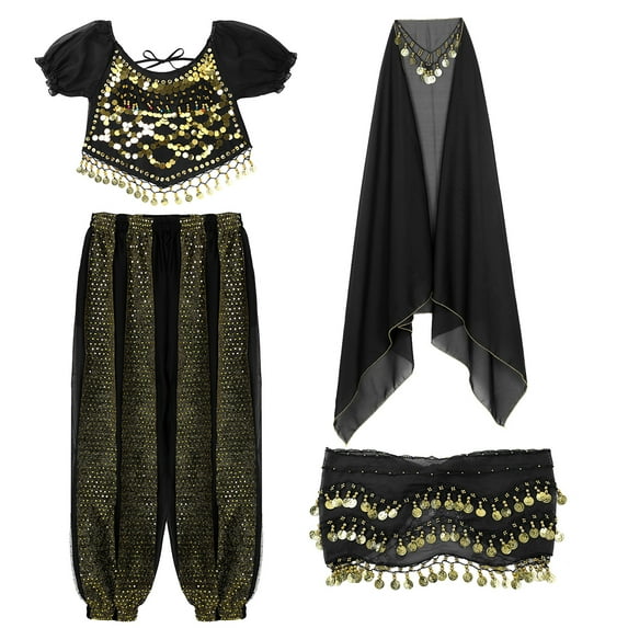 vastwit Womens Belly Dance Costume Crop Top Chiffon Harem Pants with Hip Scarf Headscarf Sets Black One Size