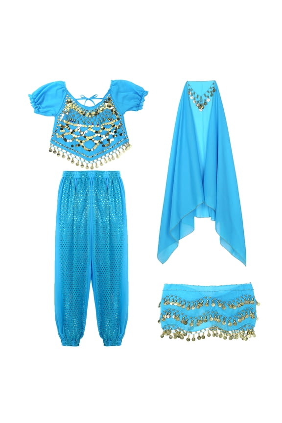 Womens Belly Dance Costume Crop Top Chiffon Harem Pants with Hip Scarf Headscarf Sets Lake Blue One Size