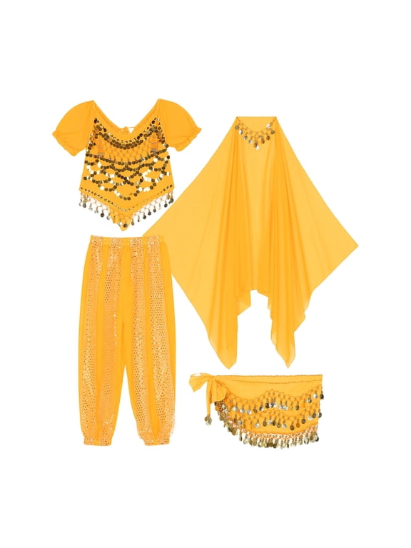 Womens Belly Dance Costume Crop Top Chiffon Harem Pants with Hip Scarf Headscarf Sets Yellow One Size