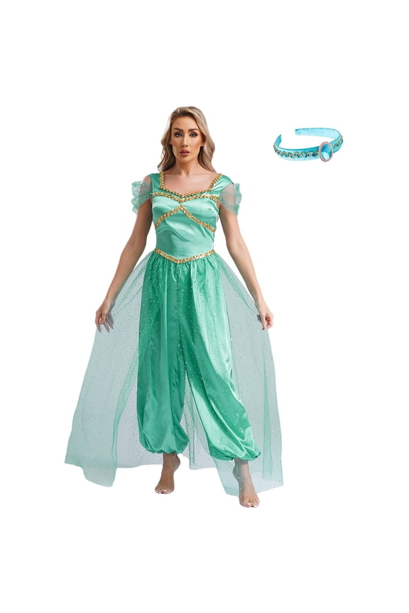 Womens Belly Dance Jumpsuit Pumpkin Pants with Tulle Overlay and Headband Turquoise 4XL