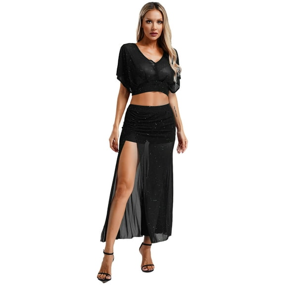 vastwit Womens Belly Dance Suit Crop Top with Side Split Long Skirt Belly Dance Outfits Black M