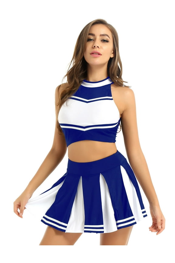 Womens Cheer Leader Costume Uniform Cheerleading Crop Top with Pleated Mini Skirt Sets Blue S