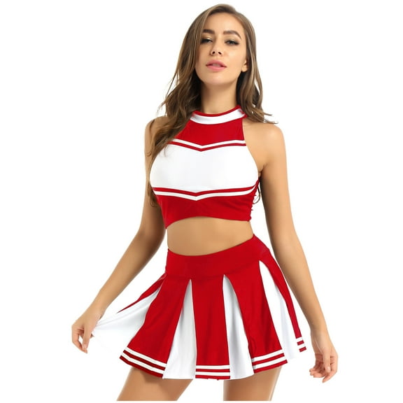 vastwit Womens Cheer Leader Costume Uniform Cheerleading Crop Top with Pleated Mini Skirt Sets Red L