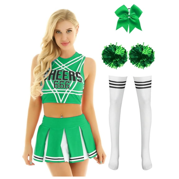 vastwit Womens Cheerleading Sleveeless Crop Tops with Mini Pleated Skirt Accessories Green M