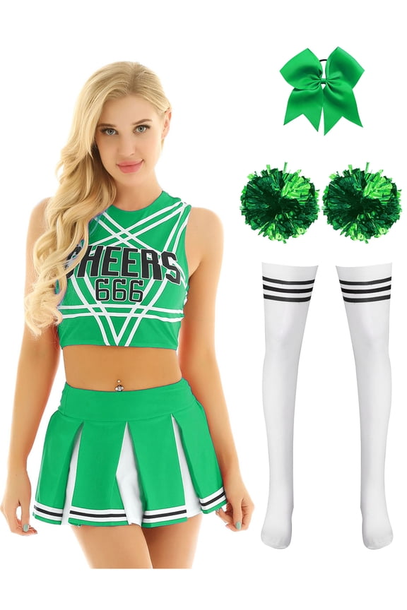 Womens Cheerleading Sleveeless Crop Tops with Mini Pleated Skirt Accessories Green M