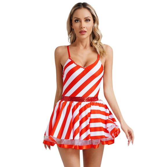 vastwit Womens Christmas Candy Cane Sleeveless Striped Ballet Dance Dress Leotards Red M