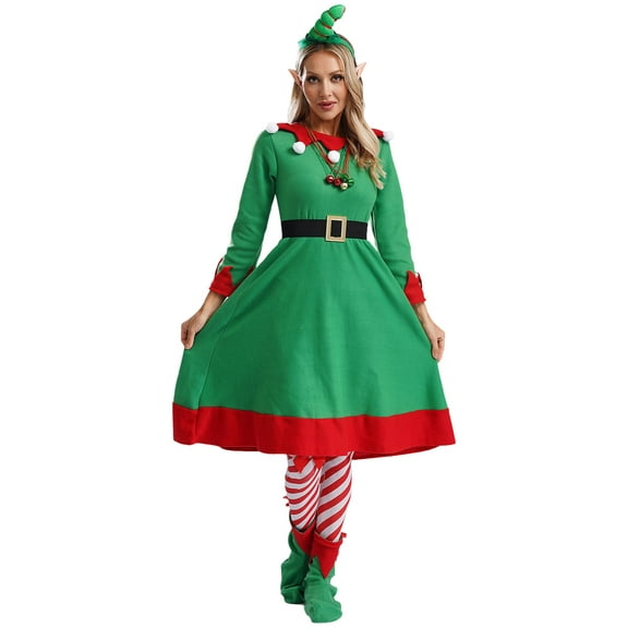 vastwit Womens Christmas Elf Costume Long Sleeve A-line Dress Santa Helper Outfits Red M