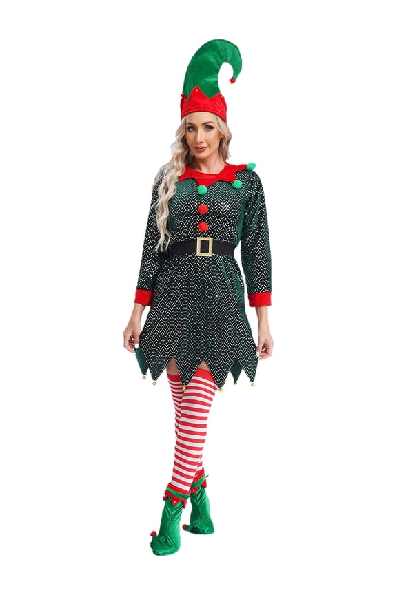 Womens Christmas Elf Suit Bells Sequins Dress with Hat Shoes Belt and Stockings Olive Green M