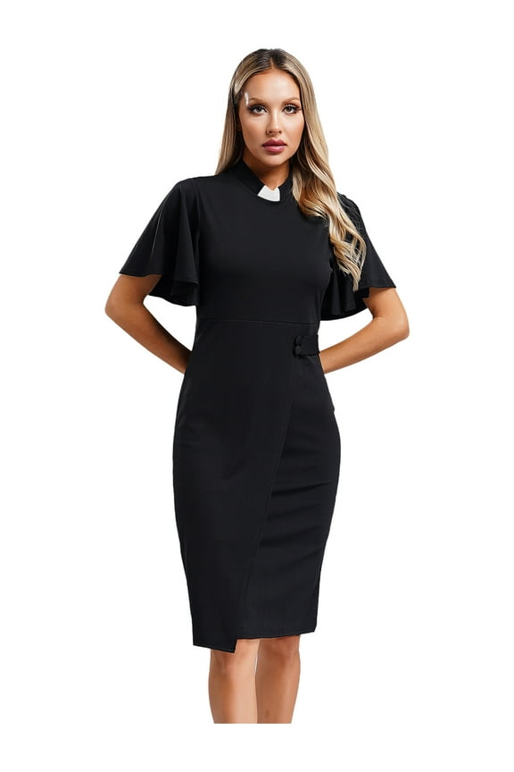 Womens Church Clergy Tab Insert Collar Black Mass Pencil Dress Priestess Dress Up Black L