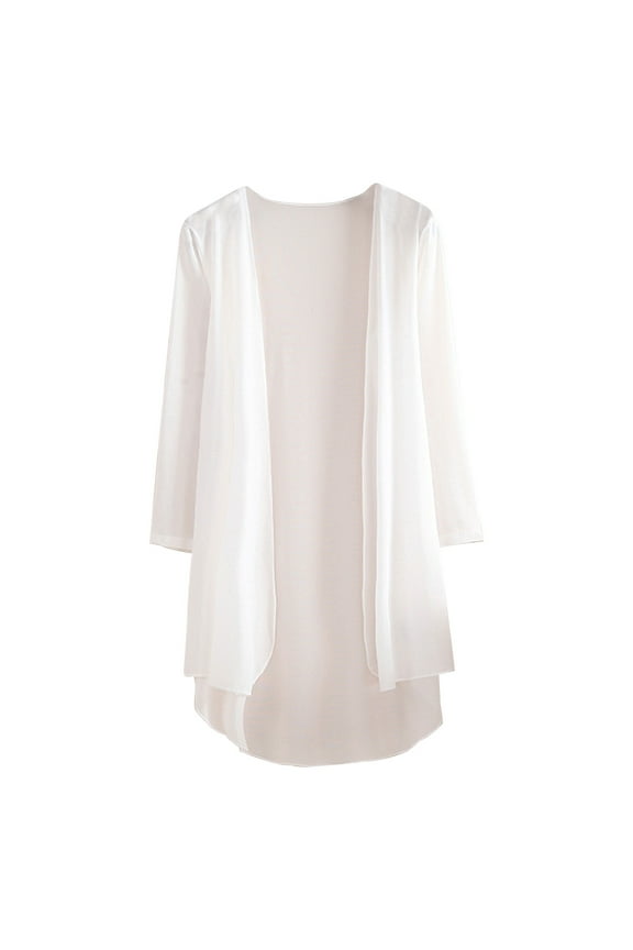 Womens Long Open Front Cardigan 3/4 Sleeve Solid Chiffon Coat Jacket Lightweight Outwear White XXL